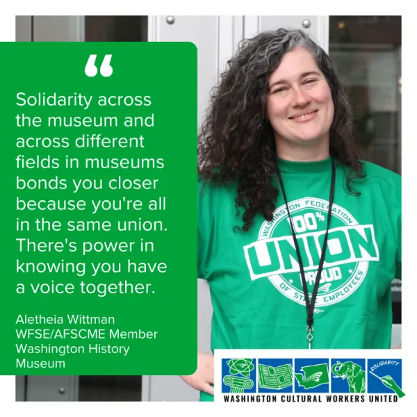 Photo of person in WFSE Union shirt with a quote