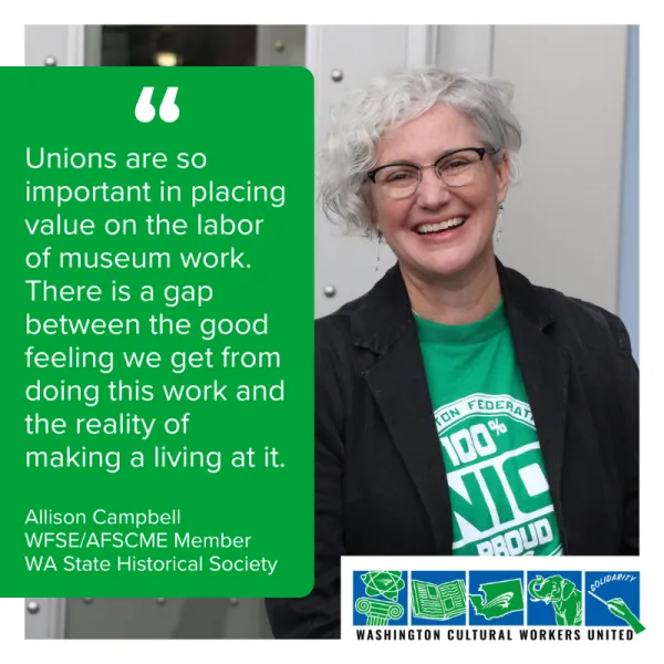 Photo of person in WFSE Union shirt with a quote