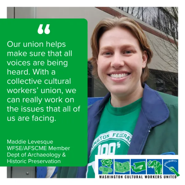 Photo of person in WFSE Union shirt with a quote