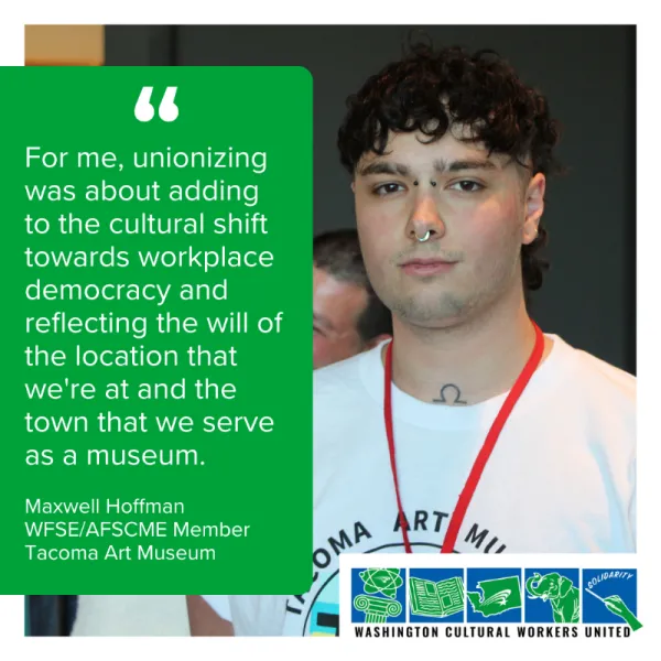 Photo of person in WFSE Union shirt with a quote