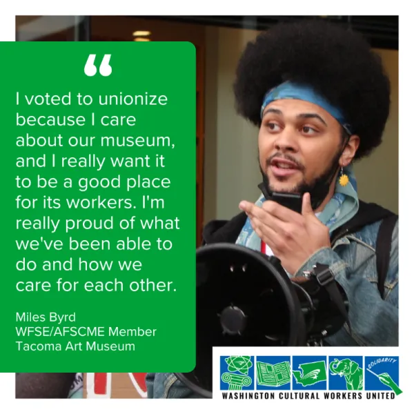 Photo of person in WFSE Union shirt with a quote