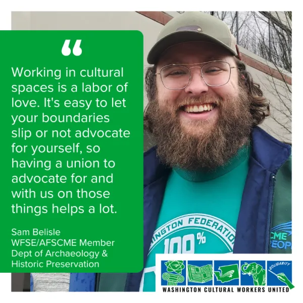 Photo of person in WFSE Union shirt with a quote